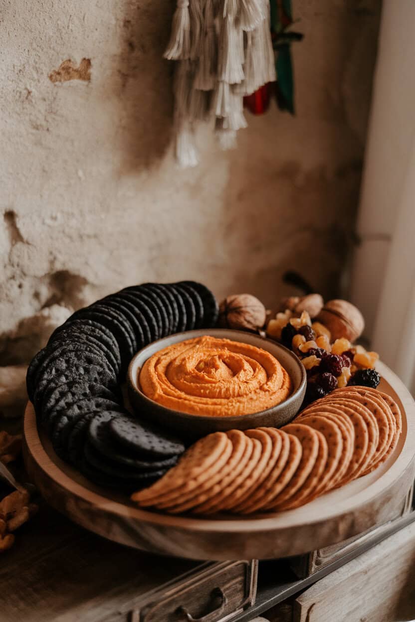 Photo, not illustration — indoor cheese board hosting black charcoal crackers beside an orange pumpkin-ricotta dip swirled in a shallow bowl; soft evening light, no text or logos