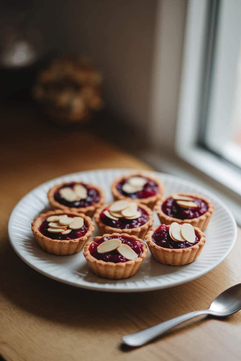 Indoor dessert plate featuring mini tartlets with cranberry filling and toasted almond slices, soft window light, no text or logos. Photo, not illustration.