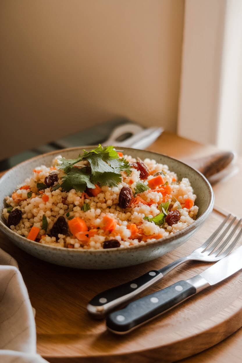 An indoor dining table with a shallow bowl of couscous stuffing containing raisins, carrots, and chopped cilantro, vibrant warm lighting. No text or logos; photo only.