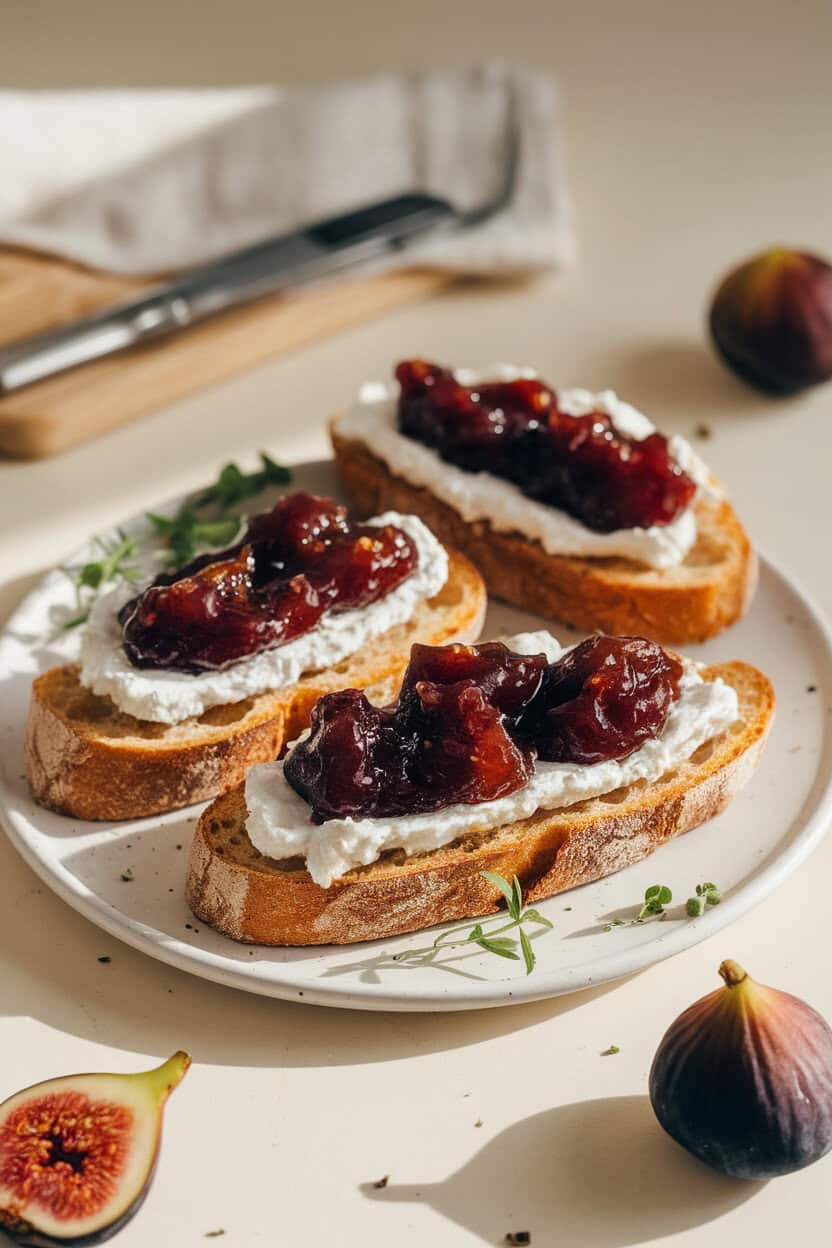 A softly lit indoor photo of toasted baguette slices smeared with whipped goat cheese and topped with glossy fig jam, herbs sprinkled over. No logos or text.