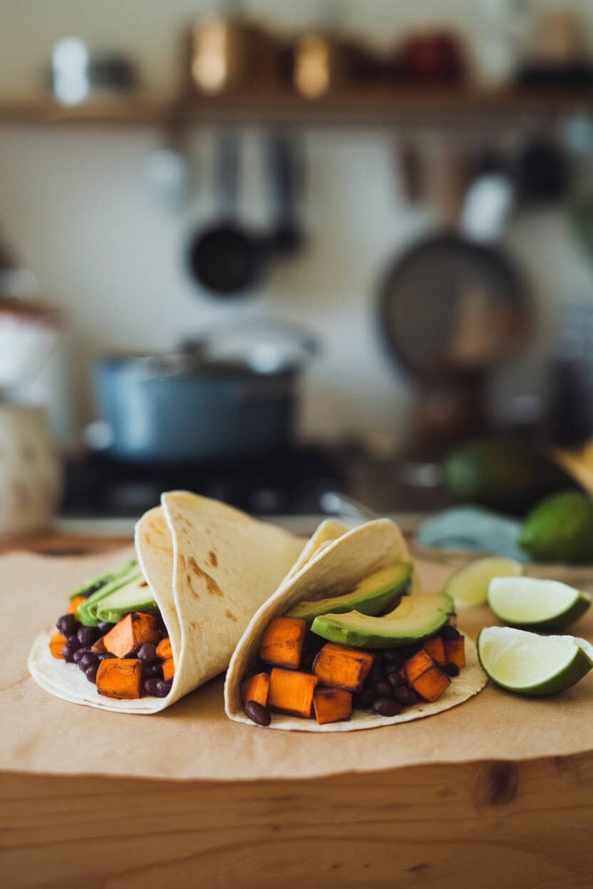 Photo of soft tortillas folded around roasted sweet potato cubes, black beans, and avocado slices on a wooden indoor table, lime wedges on the side. No text or logos.
