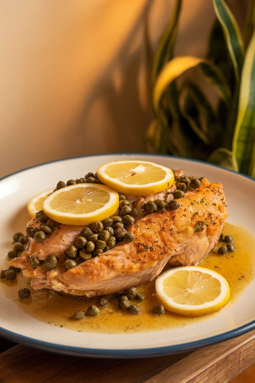 Plate of turkey piccata topped with capers and lemon slices, light sauce pooling around, indoor dining setup, no text or logos.