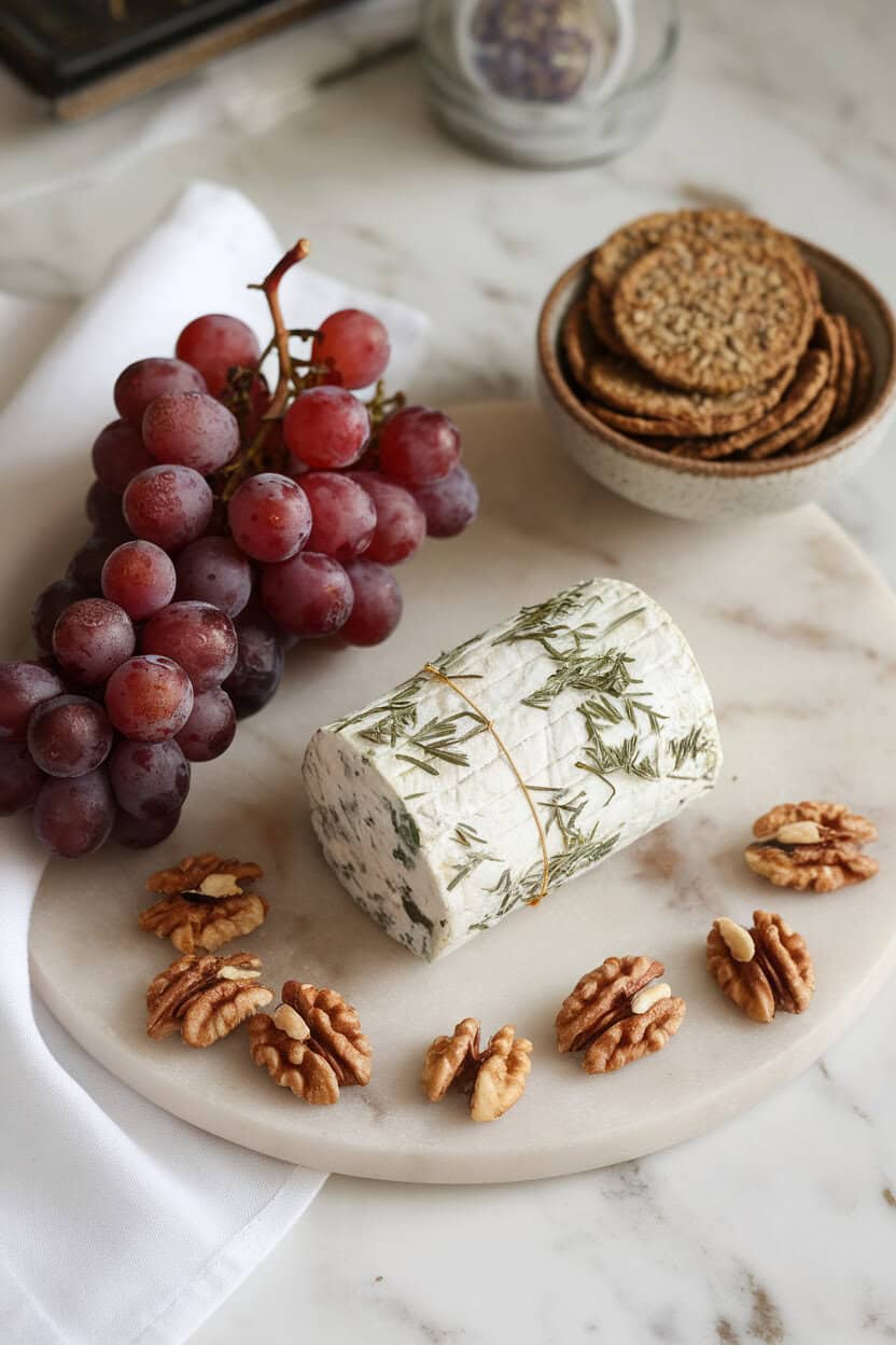 Photo indoors featuring blistered red grapes on the vine, goat cheese log with herbs, walnut halves, and seed crackers on marble. No text or logos.