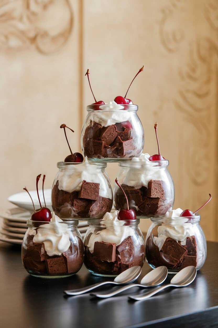 Photo prompt: Indoor dining table with individual glass jars of chocolate cake cubes, cherries, and whipped cream stacked neatly, no text or logos present.