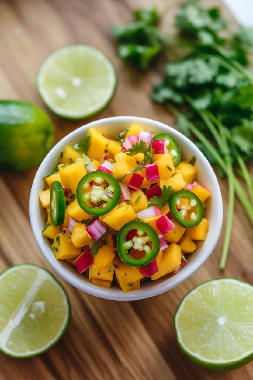 A small indoor serving bowl filled with vibrant mango jalapeño salsa, lime wedges and cilantro leaves nearby—photo, no text or logos