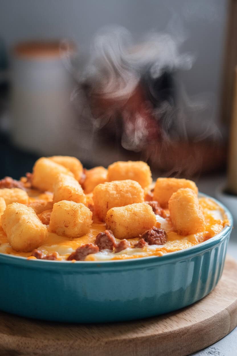 Indoor casserole dish brimming with golden tater tots atop a creamy mixture of eggs, sausage, and cheese, steam wafting upward. No text or logos. Photo, not illustration.