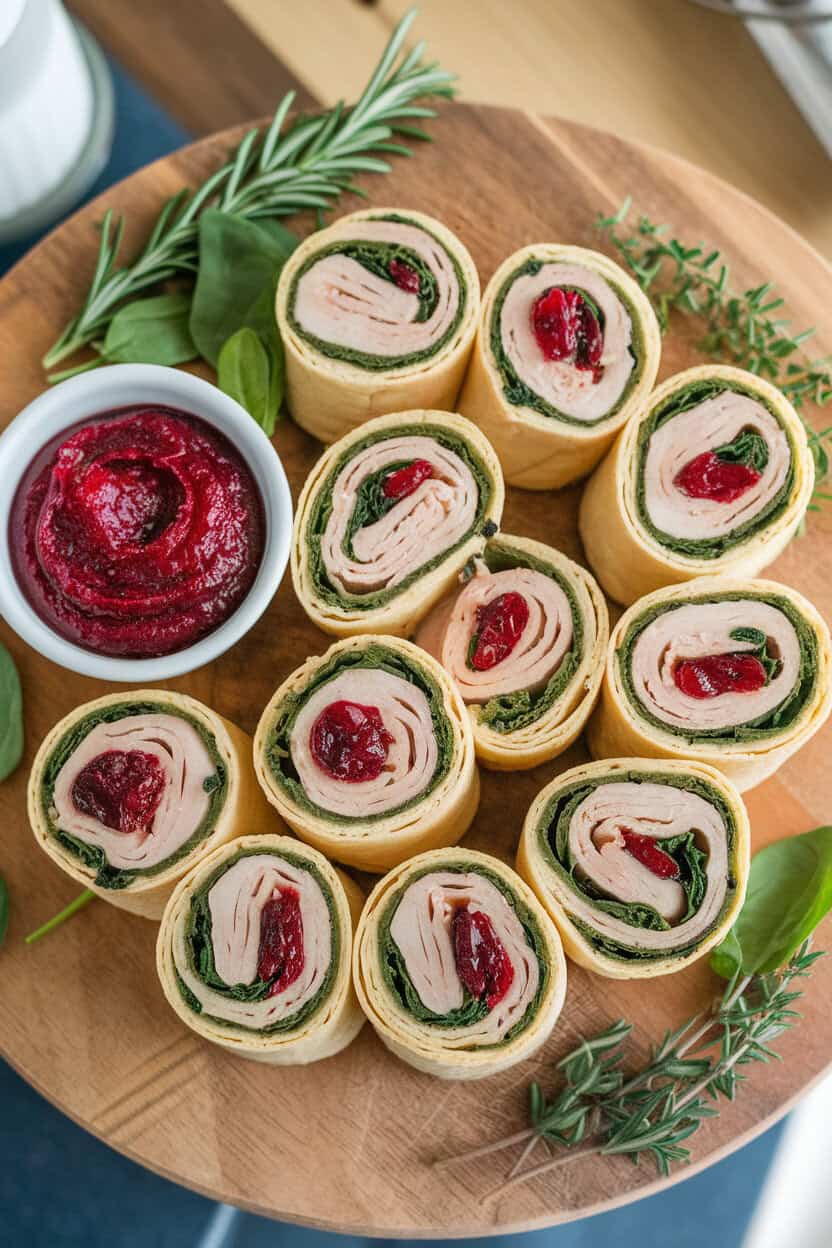 Indoor lunch platter featuring tortilla pinwheels filled with sliced turkey, cranberry spread, and spinach—angled overhead view, no text or logos.