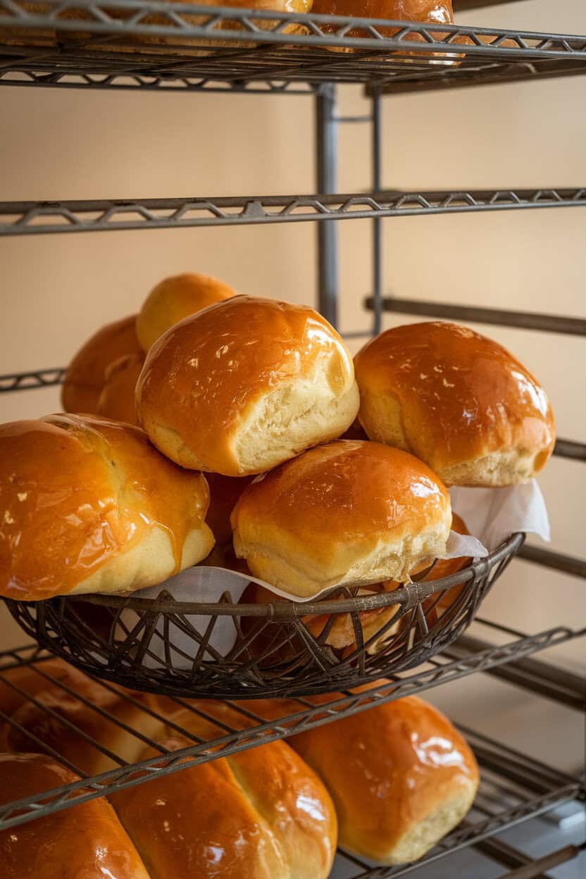 Indoor bakery rack holding a basket of glossy, golden dinner rolls brushed with honey butter. No text or logos. Photo only.