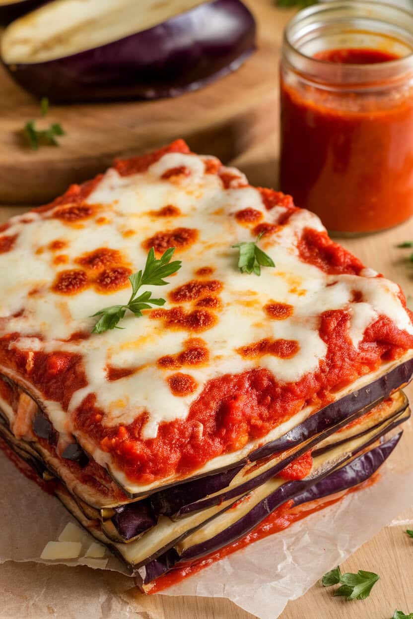 Indoor dining scene with layered eggplant parmesan casserole, mozzarella melted and slightly blistered, marinara peeking through. Photo only, no text or logos.