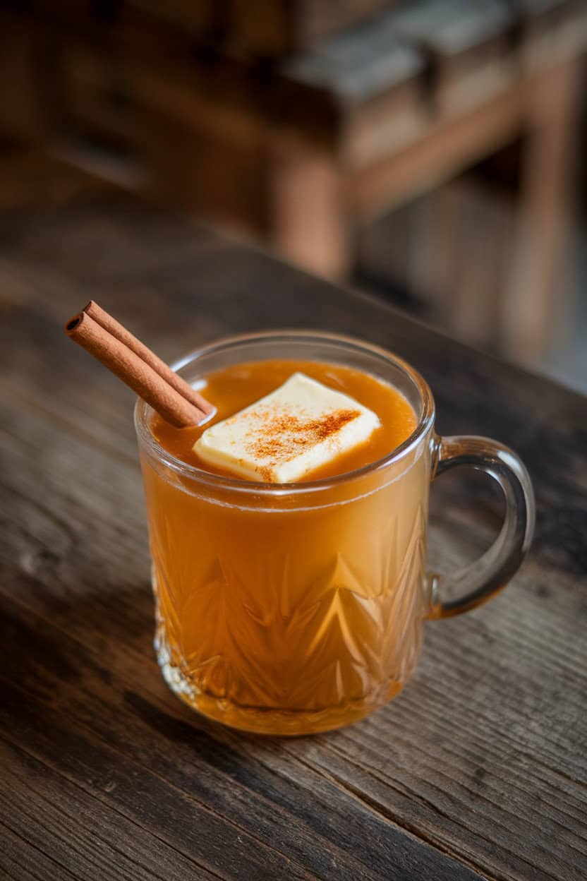 Rustic indoor wood table with a clear mug of golden hot buttered rum, pat of melted spiced butter floating on surface, cinnamon stick garnish; no text or logos