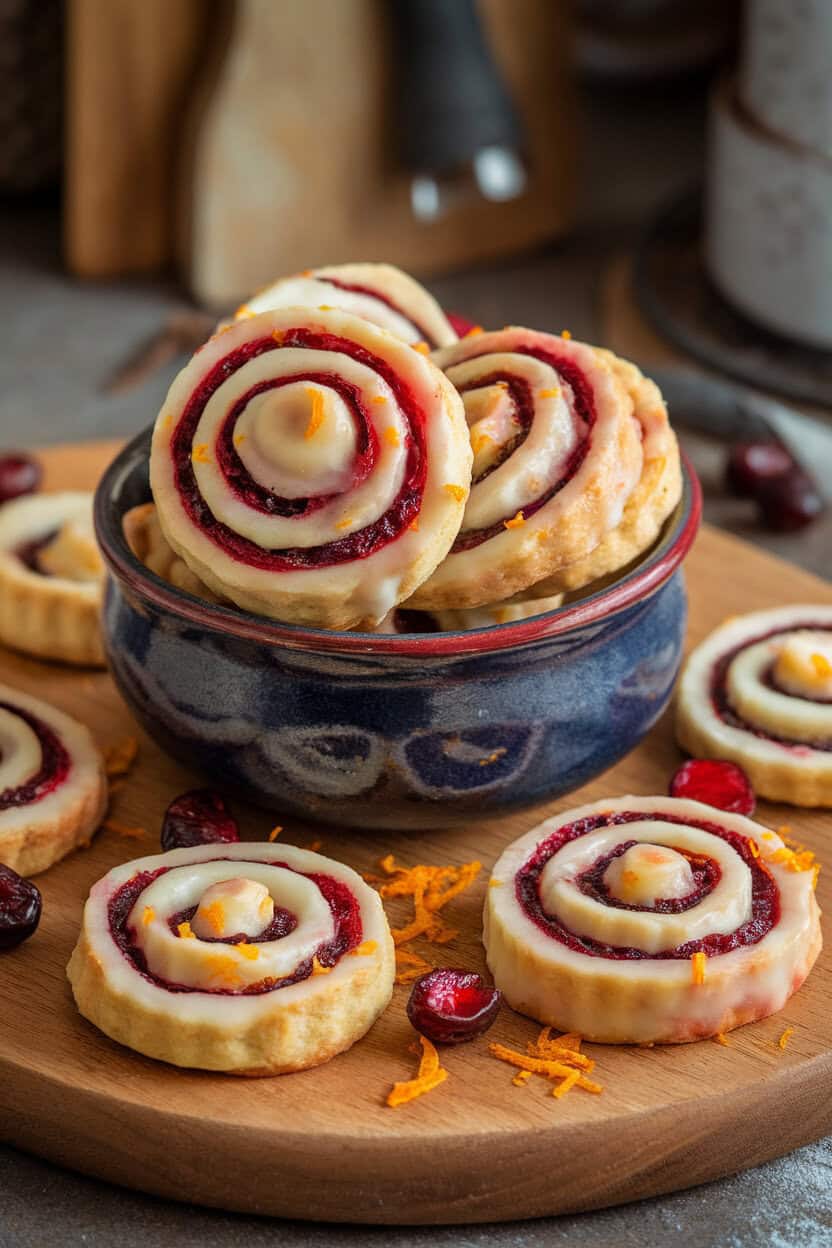 Indoor countertop with spiral cookies showing red cranberry filling and orange-zest flecks, no text or logos visible.