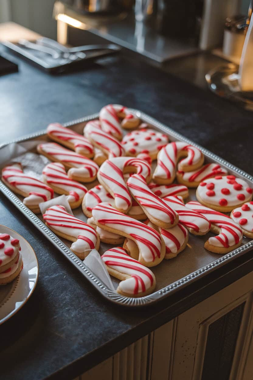 A tray of twisted red-and-white candy cane sugar cookies on a kitchen island, indoor lighting giving the stripes a gentle glow. No text or logos. Photo, not illustration.
