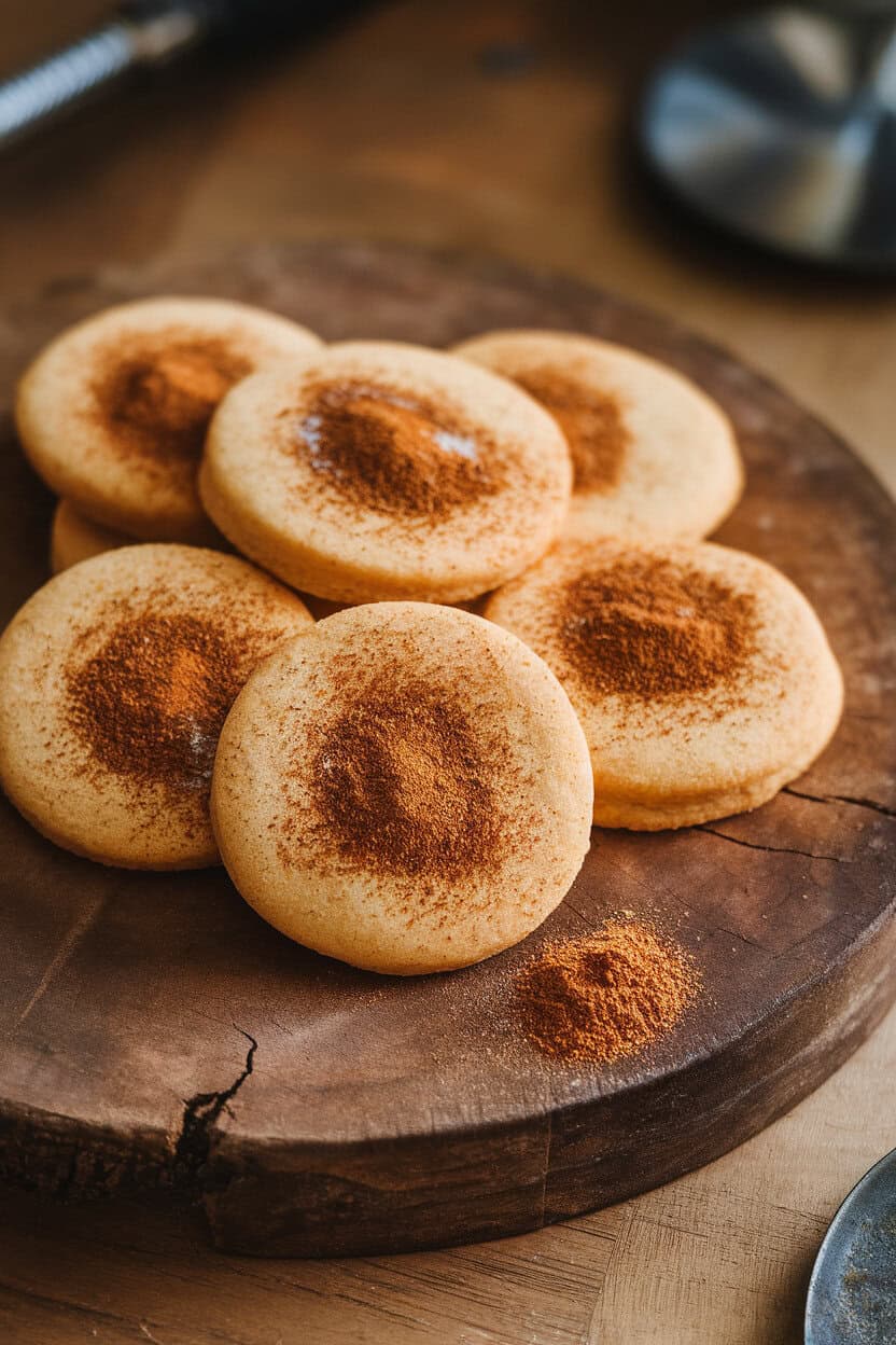 Round sugar cookies dusted with chai spice blend on a rustic indoor wooden board. No text or logos. Photo, not illustration.