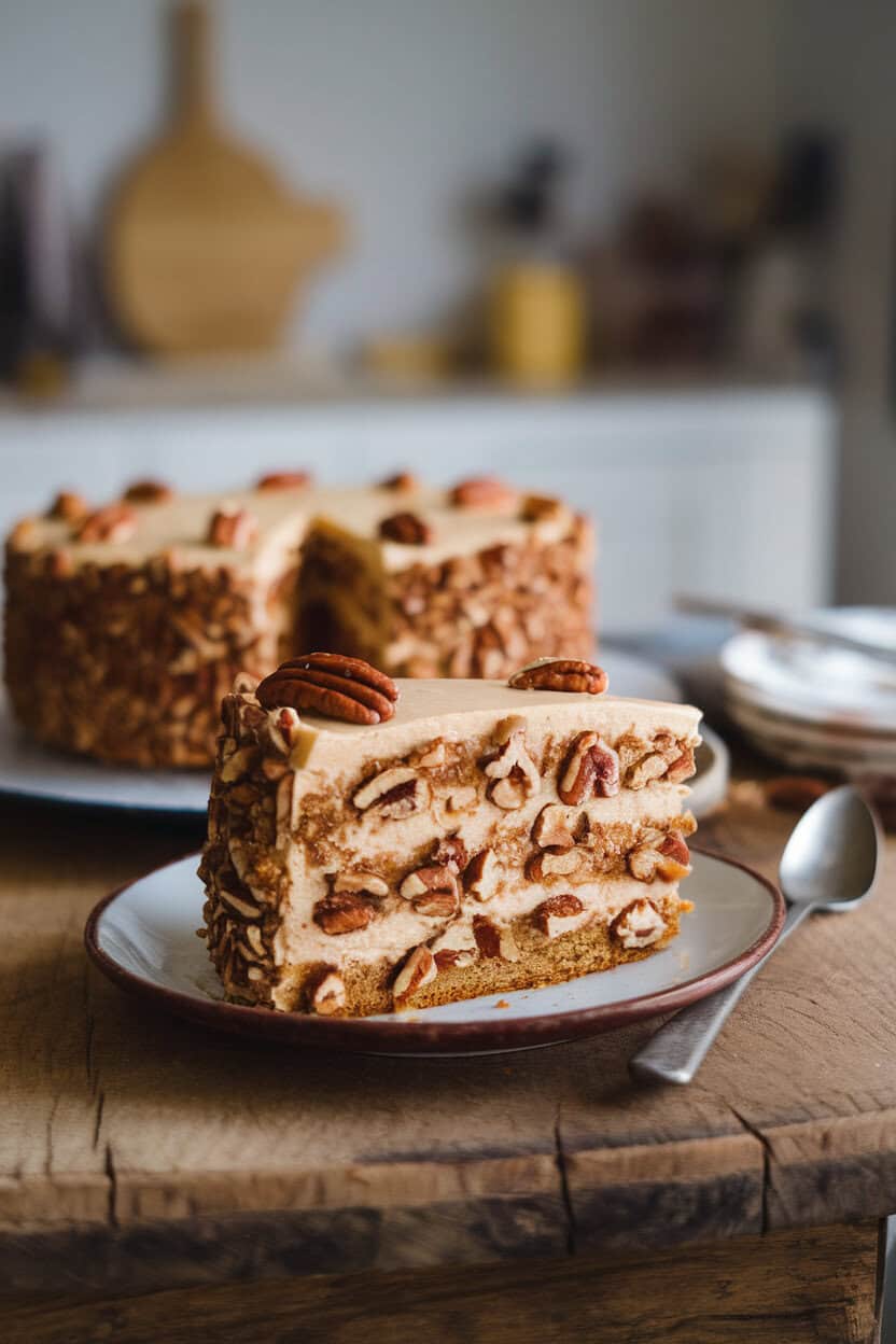 Indoor rustic table displaying a slice of maple-flavored cake studded with pecans, maple buttercream between layers and chopped pecans pressed onto the sides. Photo; no text or logos.