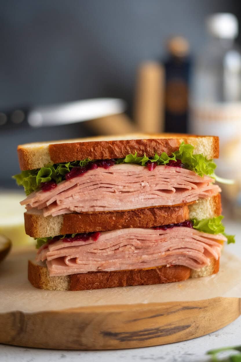 A stacked turkey sandwich on toasted bread with cranberry mayo and lettuce, captured indoors on a wooden board. No text or logos. Photo, not illustration.