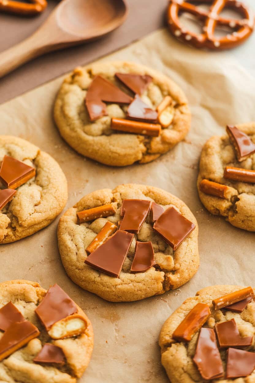 Close-up indoor photo of cookies studded with broken pretzel pieces and glossy toffee shards, spread on parchment paper. No logos present.