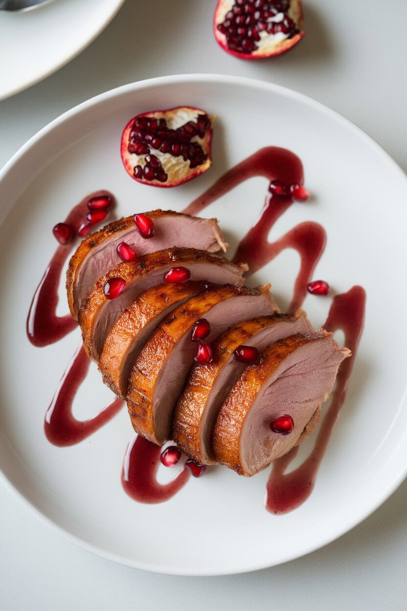 An indoor plating scene with seared duck breast slices fanned over a drizzle of ruby-red pomegranate glaze, a few arils scattered for color. No text or logos present.