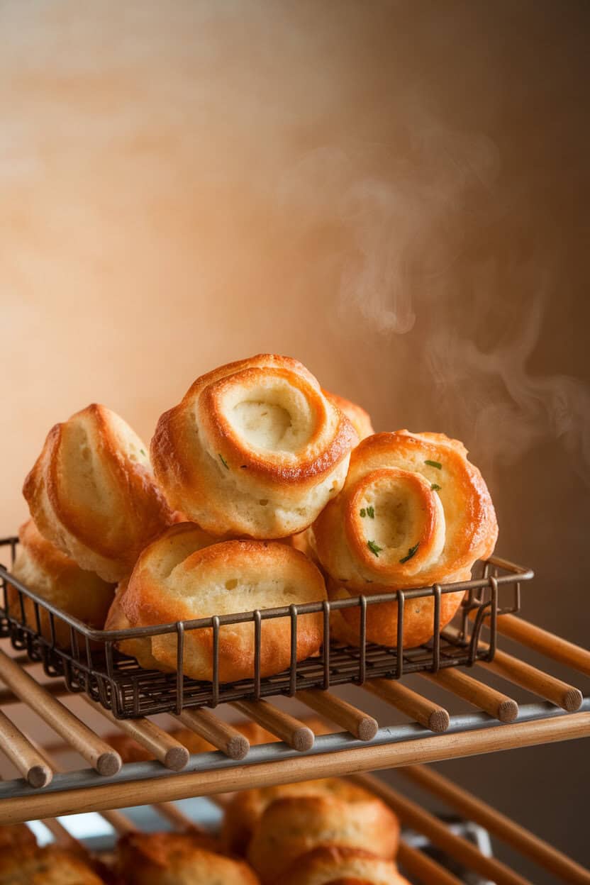 Indoor bakery rack with a basket of airy cheddar-chive gougères, steam faintly rising—angled side view, no text or logos.