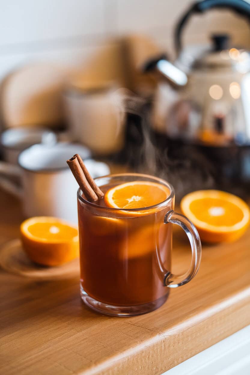 A steaming mug of mulled cider garnished with a cinnamon stick and orange slice on an indoor wooden countertop, no logos.