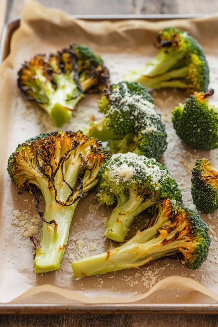 Photo of a parchment-lined tray indoors featuring roasted broccoli florets dusted with grated Parmesan, charred tips visible, no text or logos.