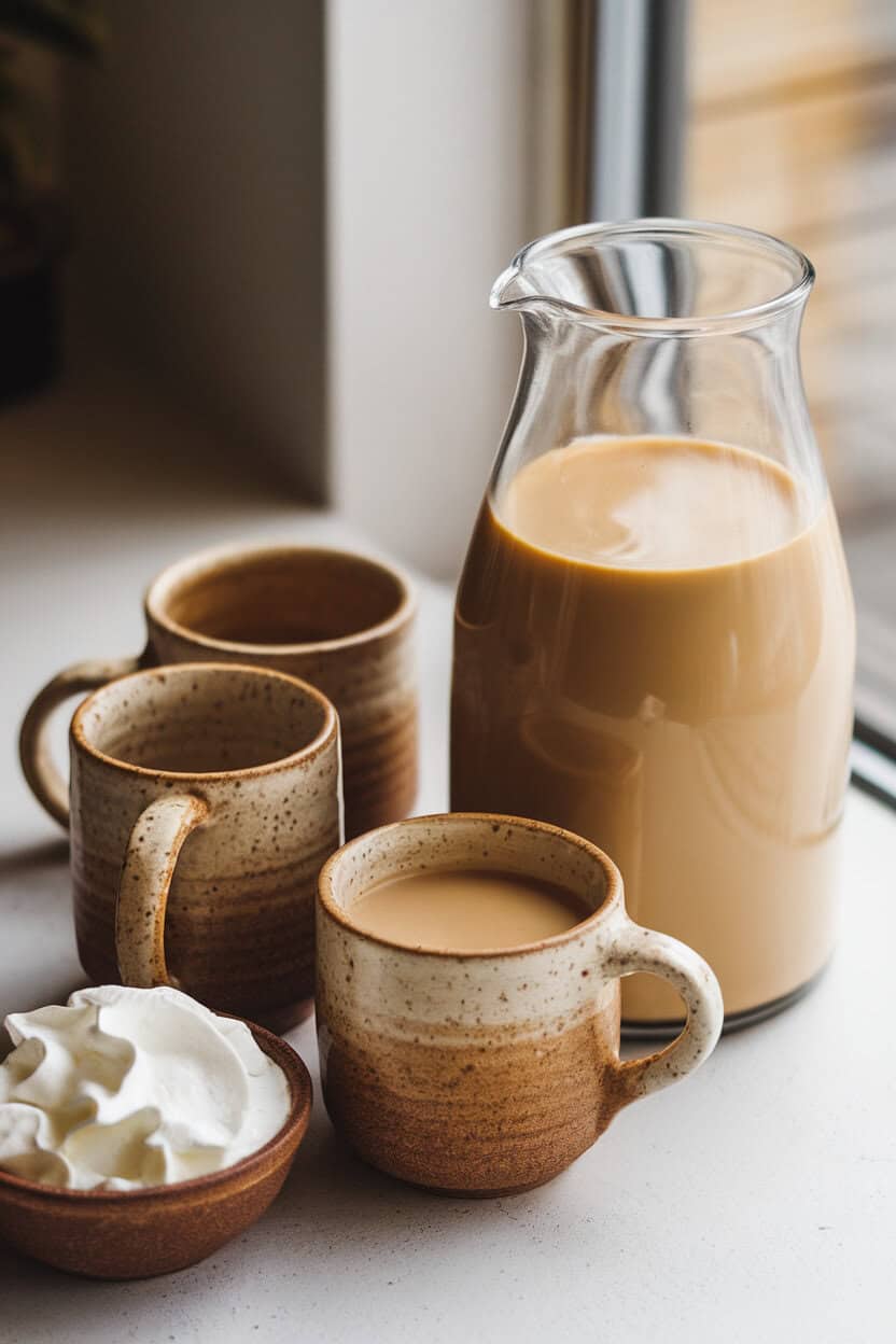 A large carafe of creamy pumpkin spice latte next to ceramic mugs, small bowl of whipped cream nearby, indoor light, no logos.