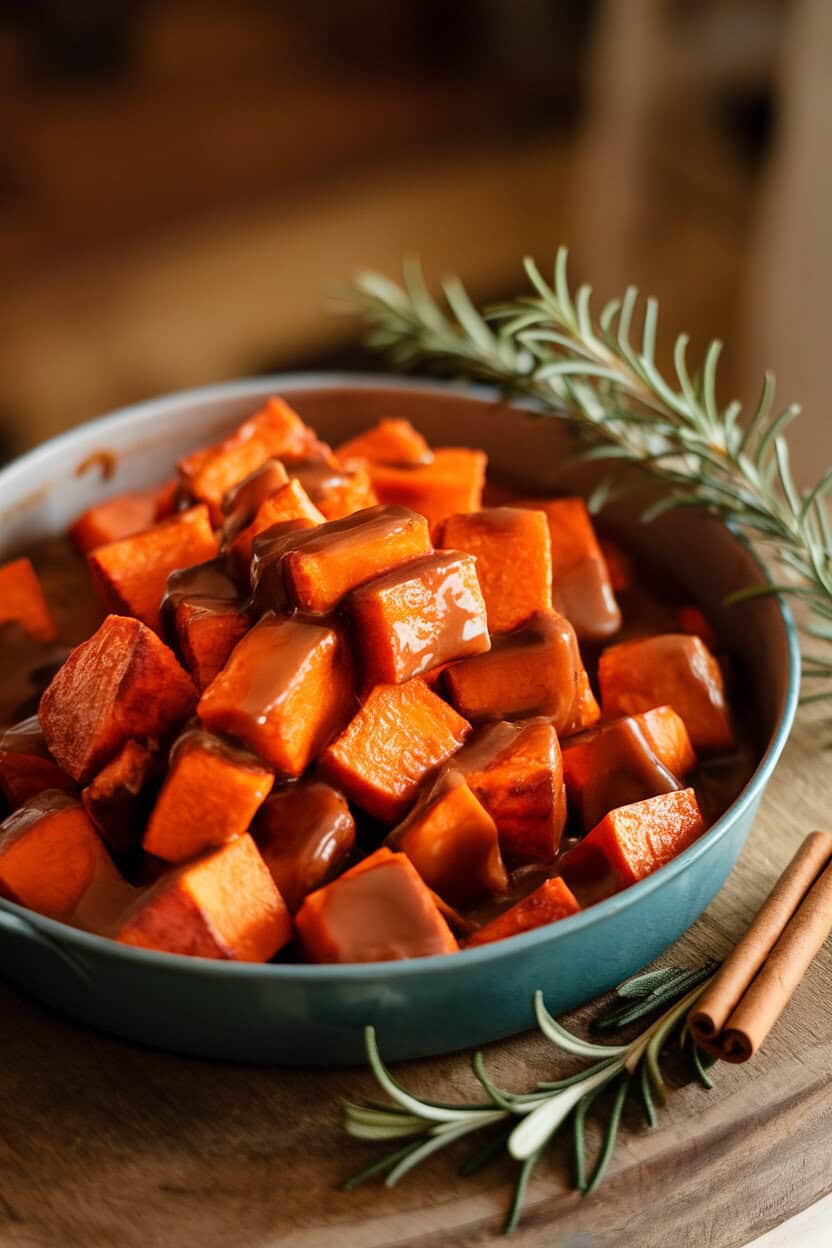 Cubed sweet potatoes glazed with bourbon-brown sugar sauce in a shallow indoor dish. No text or logos. Photo, not illustration.