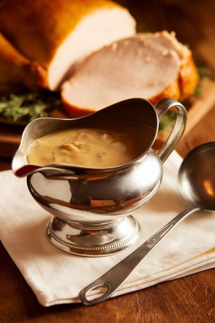 An indoor gravy boat filled with silky turkey gravy sitting on a wooden table next to a ladle; photo, no text or logos.