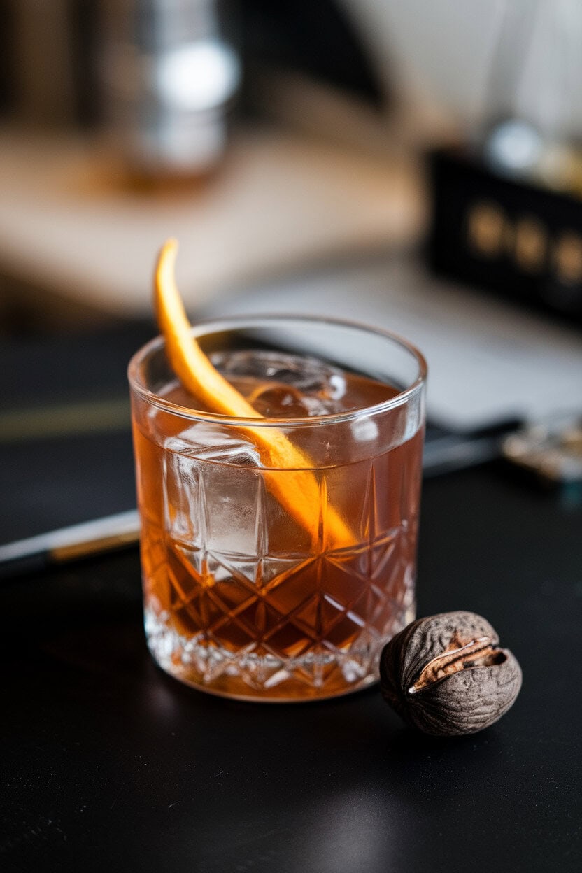 Indoor rocks glass containing a dark russet drink over a clear cube, orange twist resting on black walnut shell nearby. No branding visible.