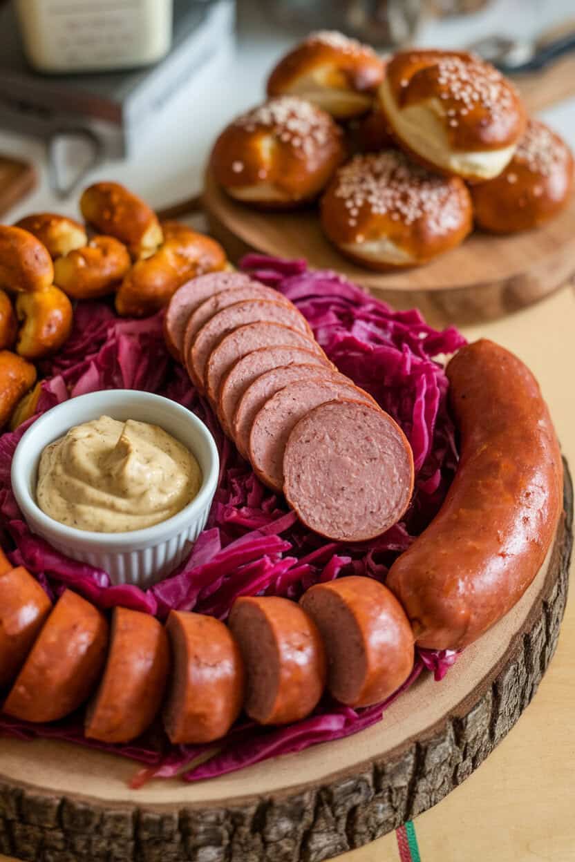 Indoor tabletop photo featuring sliced bratwurst, knackwurst coins, soft pretzel bites, grainy mustard, and pickled red cabbage on a large wooden platter. No text or logos.
