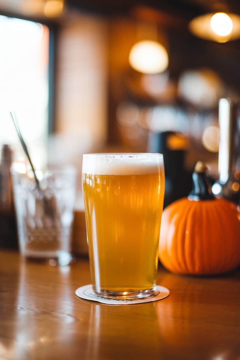 An indoor pub-style bar with a pint glass of hazy Pumpkin Shandy, frothy head, small pumpkin decoration nearby; no text or logos; photo