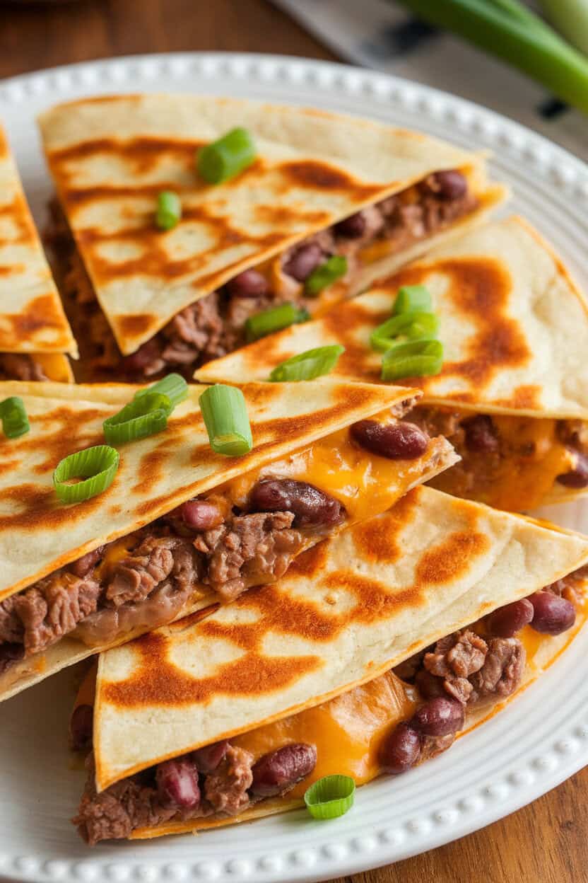 Indoor photo of golden skillet-pressed quesadilla wedges oozing beef, black beans, and melted cheese. No text or logos visible.