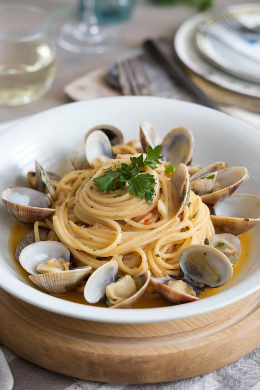 Indoor pasta bowl featuring spaghetti tangled with cooked clams in shells, garlic-white wine sauce pooling at the bottom, parsley sprinkled on top. No logos present.