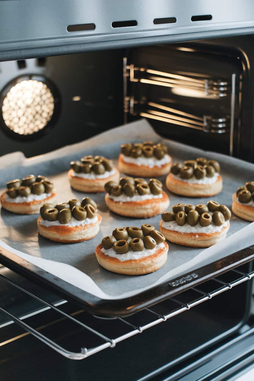 An indoor baking sheet lined with parchment, holding English-muffin pizzas topped with olive “spiders.” Overhead oven light; no text or logos.