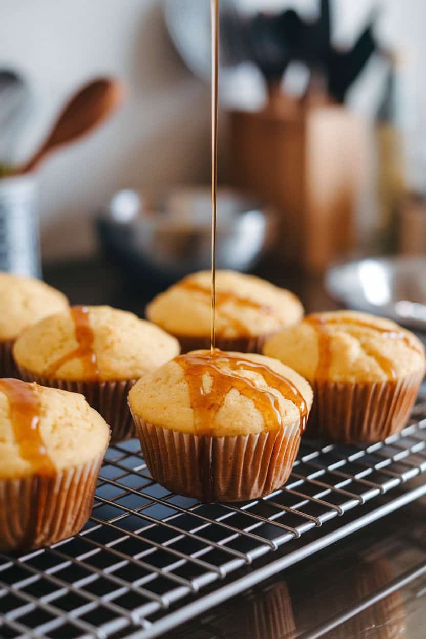 An indoor kitchen counter displaying a wire rack with golden cornbread muffins, a drizzle of maple syrup glistening on a few tops; no text or logos. Photo.
