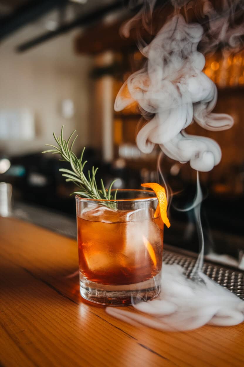 Rocks glass on an indoor bar with an Old Fashioned enveloped in rosemary smoke, visible wisps curling around a large ice cube and orange peel. No logos or text.