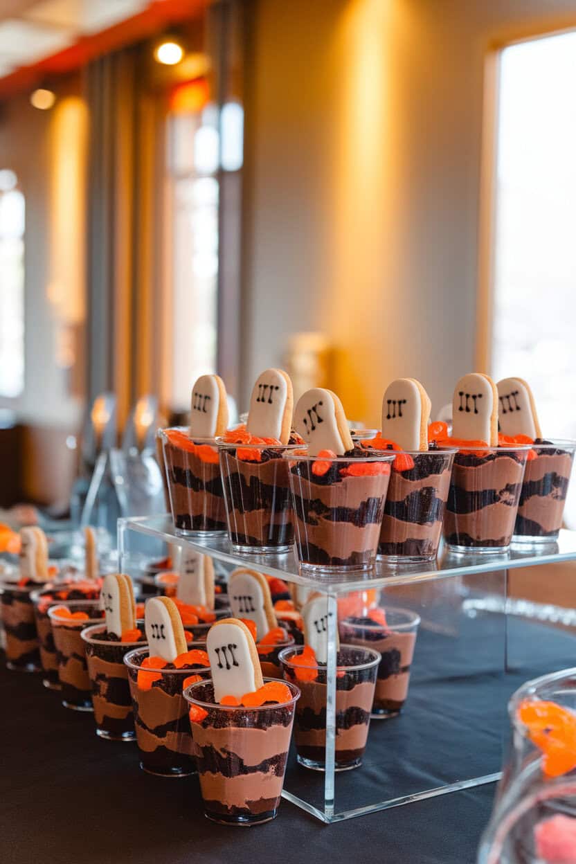 An indoor dessert table featuring clear cups layered with chocolate pudding, crushed cookies, and gummy worms, each topped with a cookie tombstone. Warm overhead lighting; no text or logos.