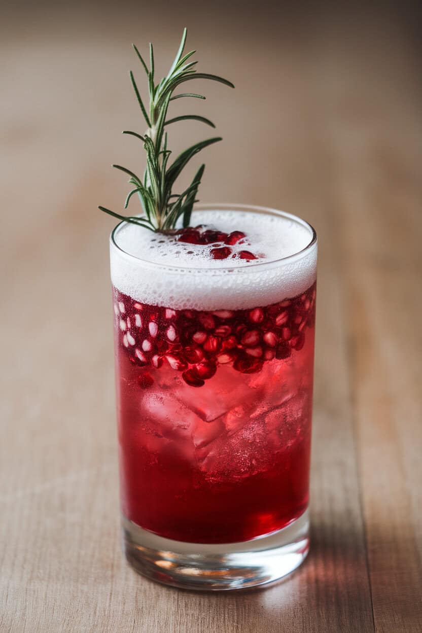 Photo of a highball glass indoors, deep pink pomegranate gin fizz topped with club soda foam, sprig of rosemary inserted upright. No text or logos.