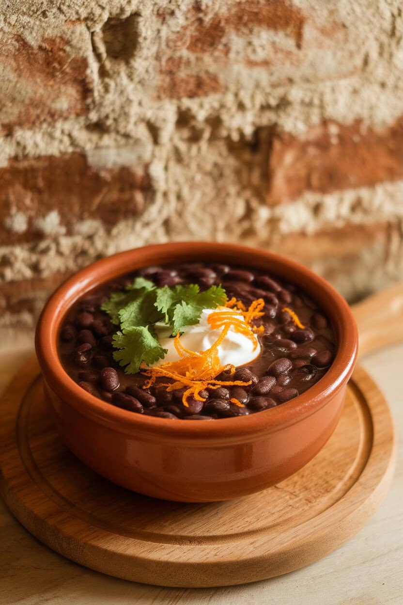Indoor photo of thick black bean soup in a terra-cotta bowl, topped with sour cream, chopped cilantro, and fine orange zest. No text or logos