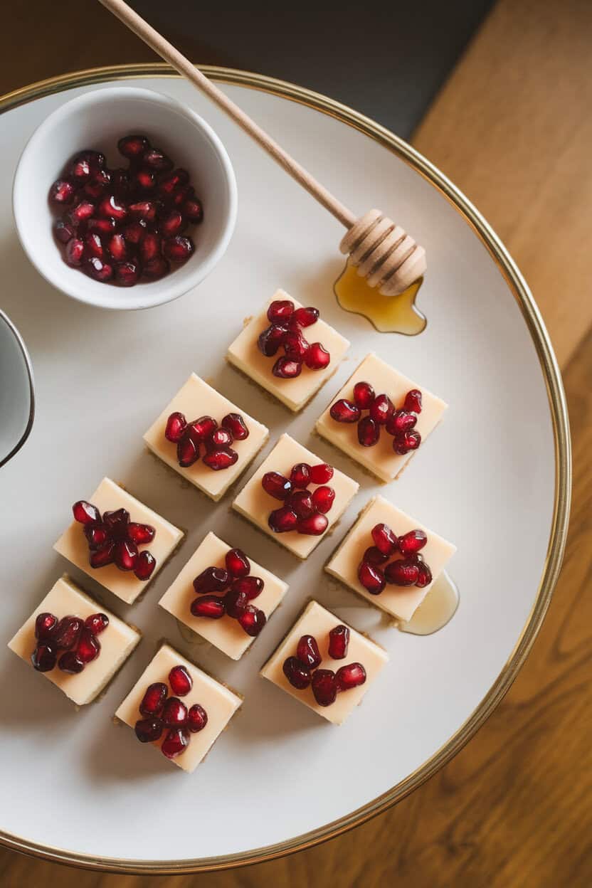 Photo prompt: An indoor dessert tray with mini square cheesecake bites topped with ruby-red pomegranate arils and a light drizzle of honey, overhead angle, no text or logos.