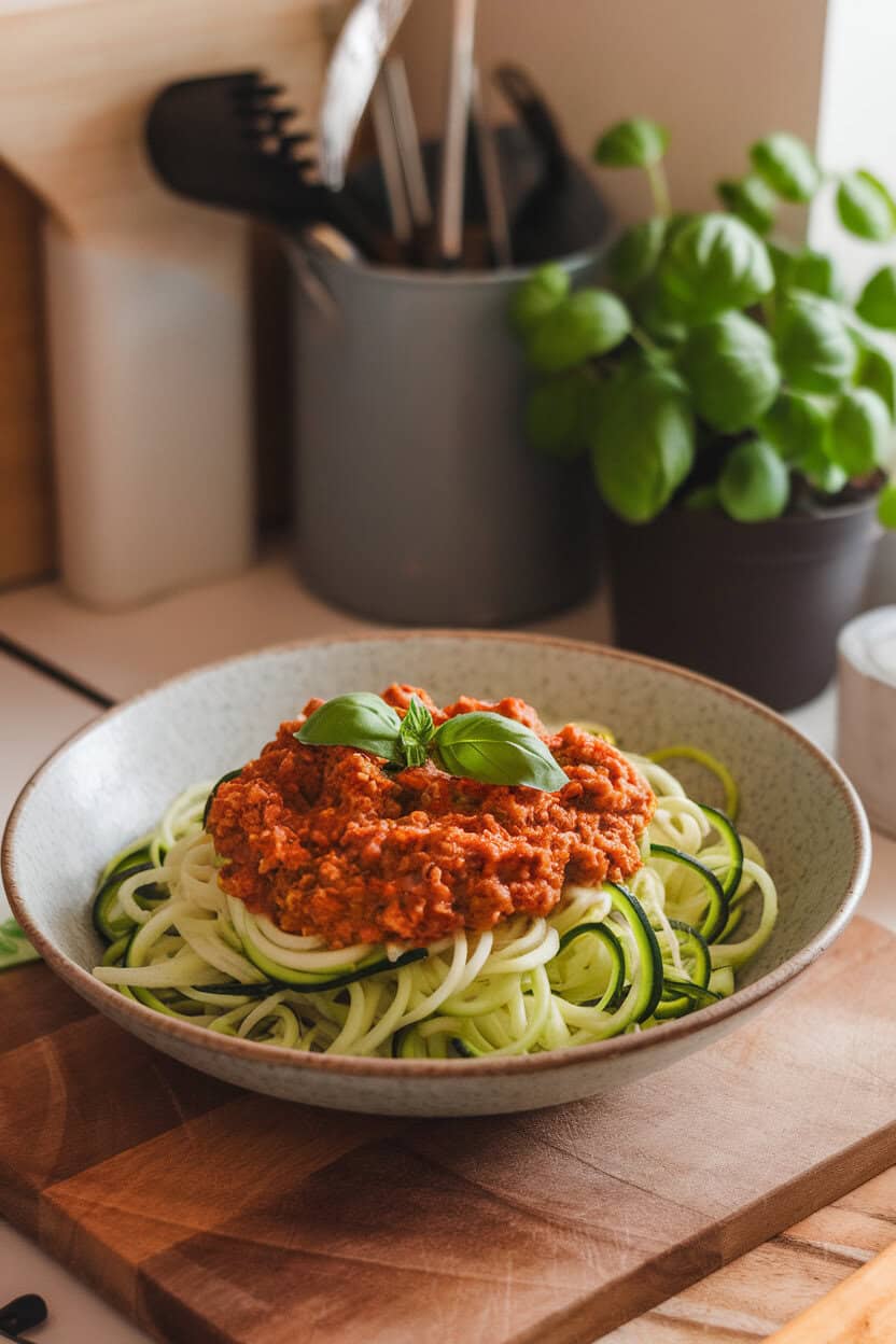 Indoor kitchen island view of a shallow bowl piled with spiralized zucchini noodles topped with chunky turkey Bolognese and a sprinkle of basil. No text or logos, photograph only.