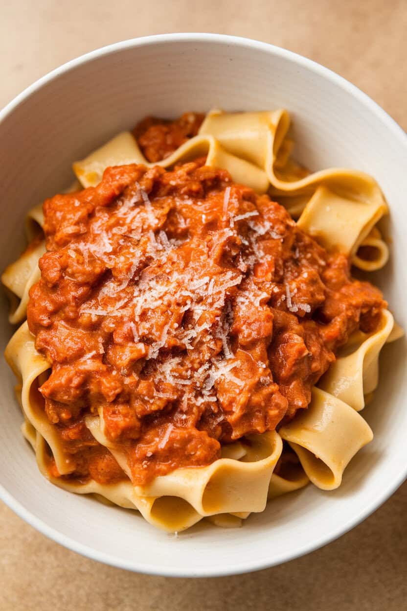 White pasta bowl filled with turkey Bolognese over pappardelle, sauce clinging to wide noodles, photographed indoors, no text or logos.