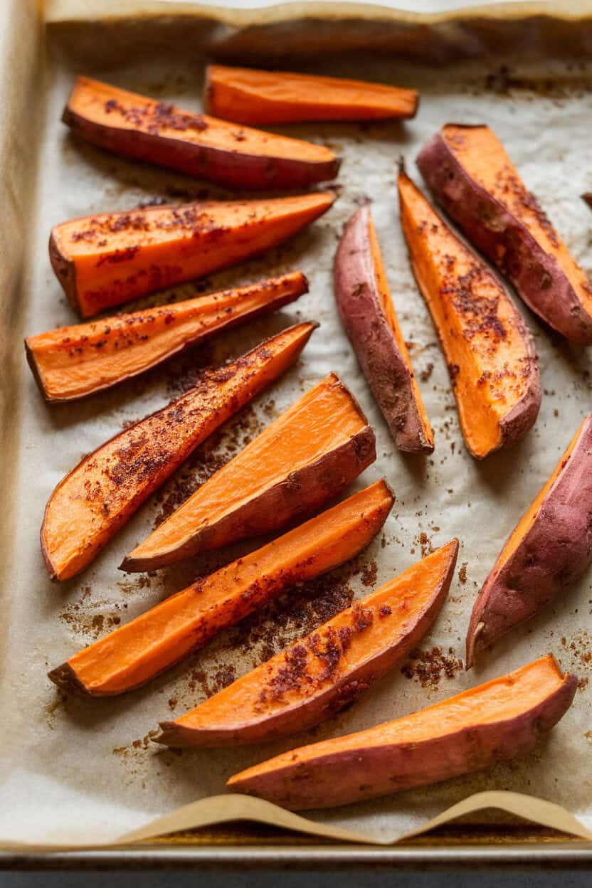 A parchment-lined indoor baking sheet holding roasted sweet potato wedges coated with smoky spices, edges crisp. No text or logos visible. Photo only.