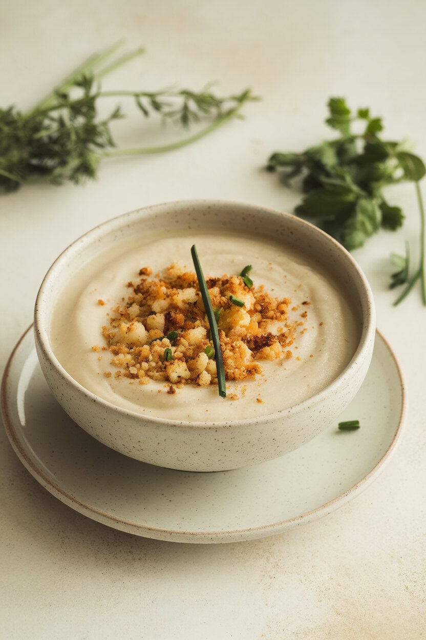 Indoor shot of smooth off-white cauliflower soup in a minimalist bowl, topped with toasted breadcrumbs and chives. No text or logos