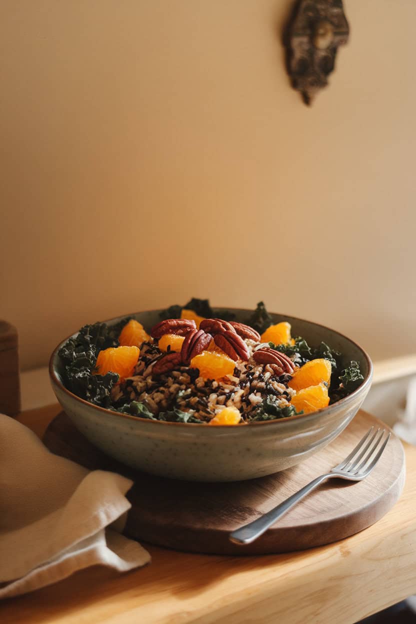 A warmly lit indoor table with a salad of chopped kale, cooked wild rice, orange segments, and toasted pecans in a large bowl. No text or logos. Photo.