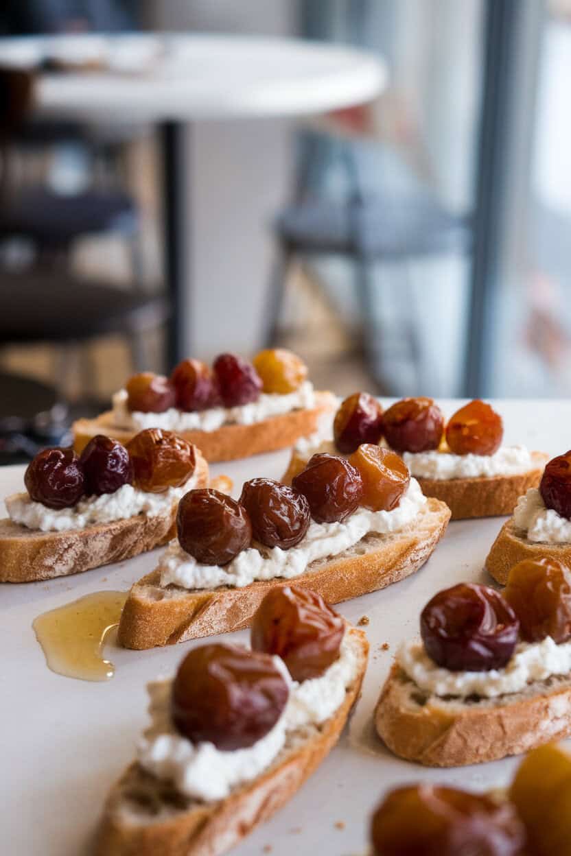 An indoor cafe-style scene with small baguette slices topped with fluffy ricotta and blistered roasted grapes, drizzle of honey visible. No text or logos anywhere. Photo only.