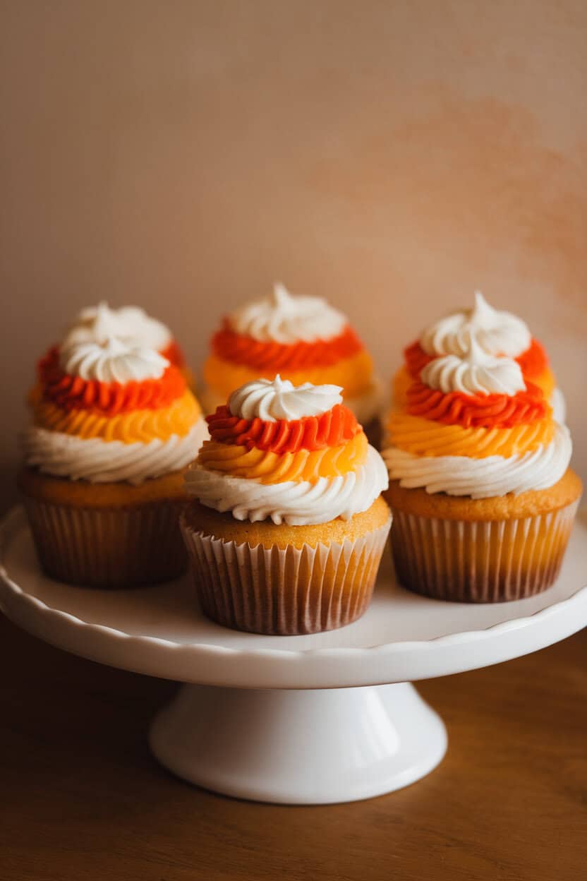 Photo, not illustration. Indoor table scene featuring vanilla cupcakes frosted in three candy-corn stripes of white, orange, and yellow buttercream, arranged on a simple white cake stand. Soft warm lighting, no text or logos anywhere.