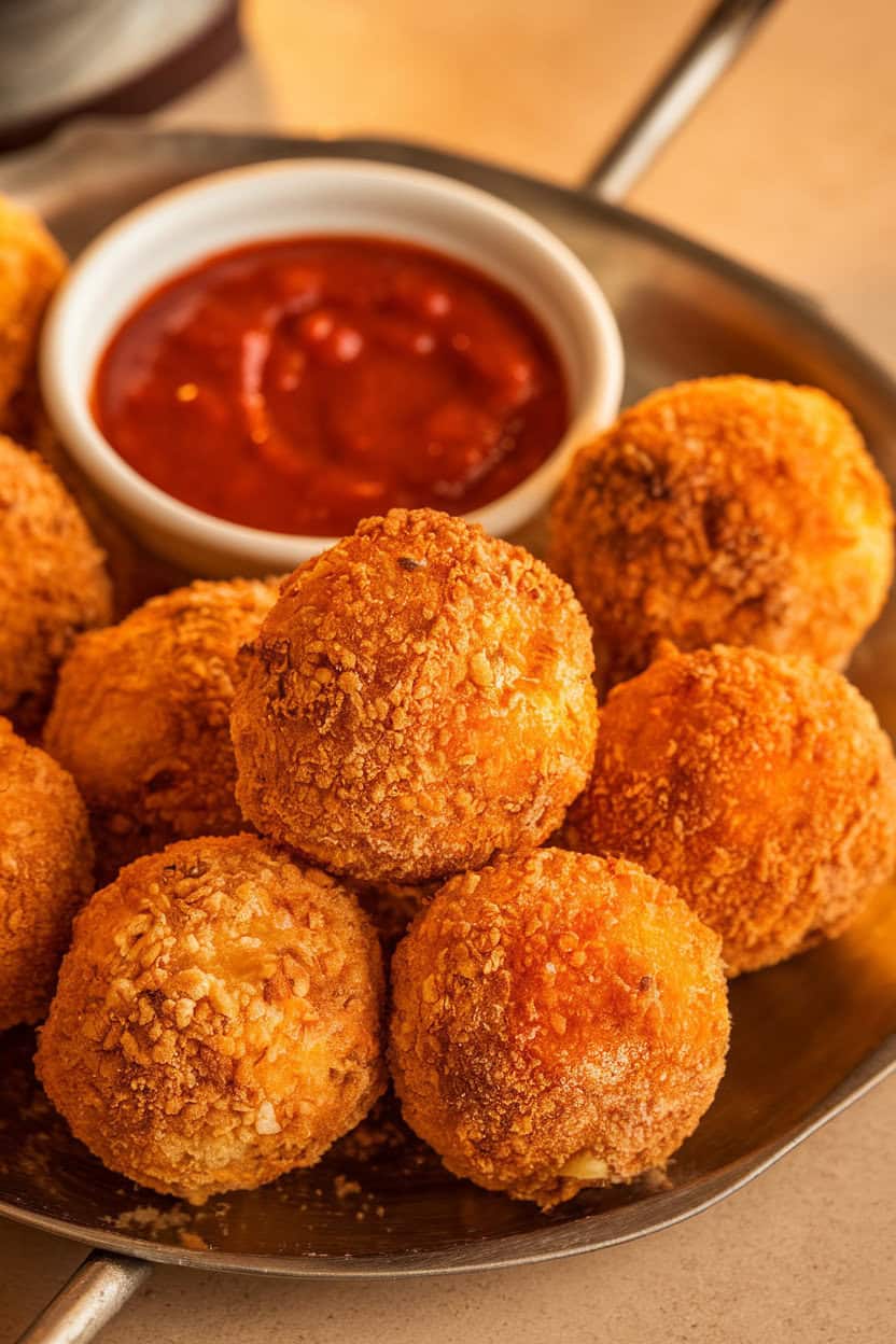 An indoor platter featuring golden, breadcrumb-coated arancini balls with a small bowl of marinara for dipping. No text or logos anywhere. Photo only.