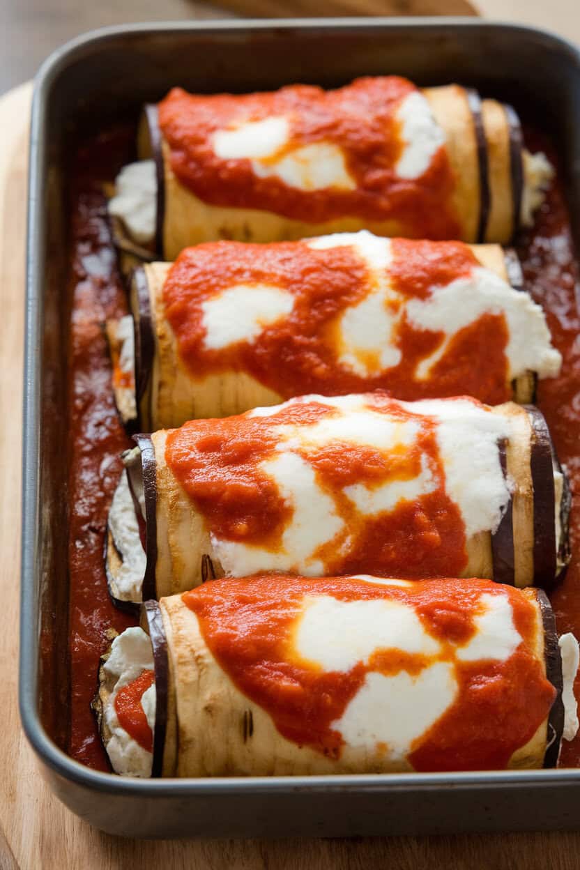 A warmly lit indoor baking dish of rolled, baked eggplant slices, ricotta filling visible at the ends, topped with bubbling marinara and mozzarella. No text or logos.