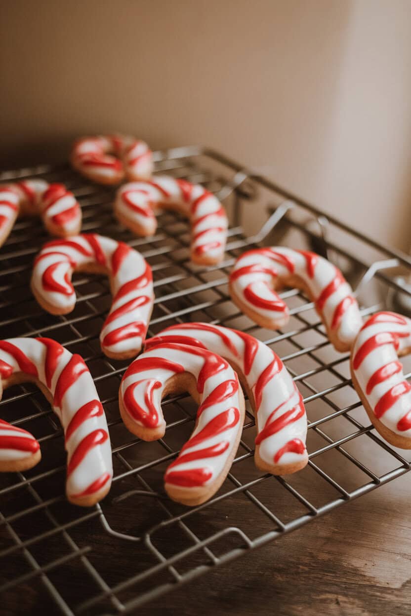 A photo of red-and-white twisted candy cane sugar cookies cooling on a wire rack indoors under soft light. No text or logos.