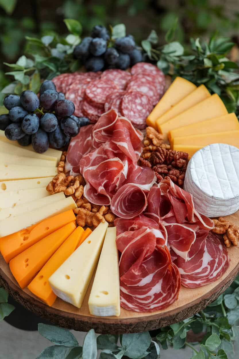 An indoor wooden board carrying sliced salami, prosciutto, assorted cheeses, grapes, and nuts; photo, no text or logos.